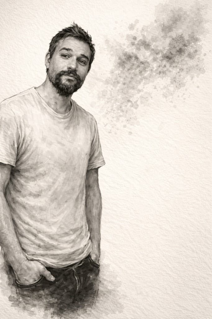 Xander Drake, watercolor portrait from the waist up with hands in pockets